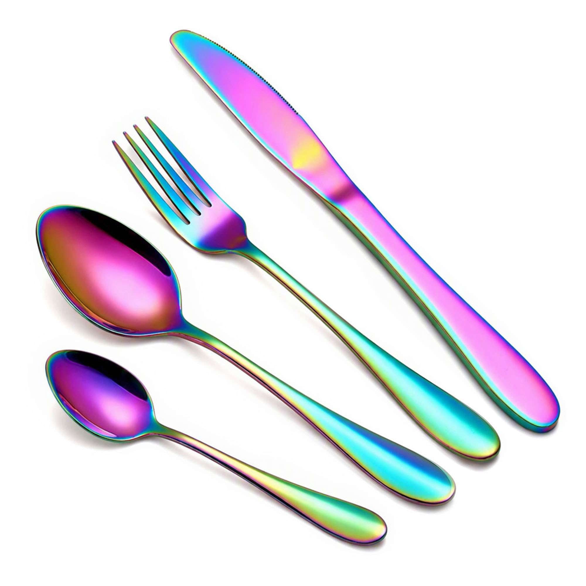 Spencer Rainbow Buffet Flatware Set, 4 Piece Stainless Steel Dinner Steak Knife Fork Tea Spoons Utensils Cutlery Service for 1 "Rainbow"