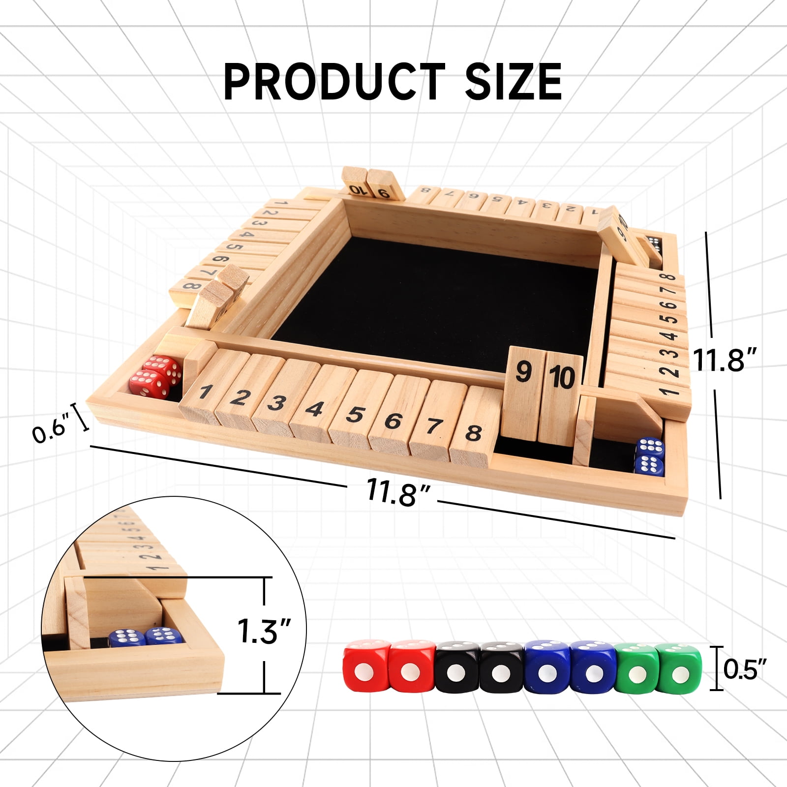 GSE Games & Sports Expert 4-Player 10 Numbers Wooden Shut the Box Dice Board Game with 8 Dices. Classic Tabletop Version of Popular English Pub Game - Natural Wood