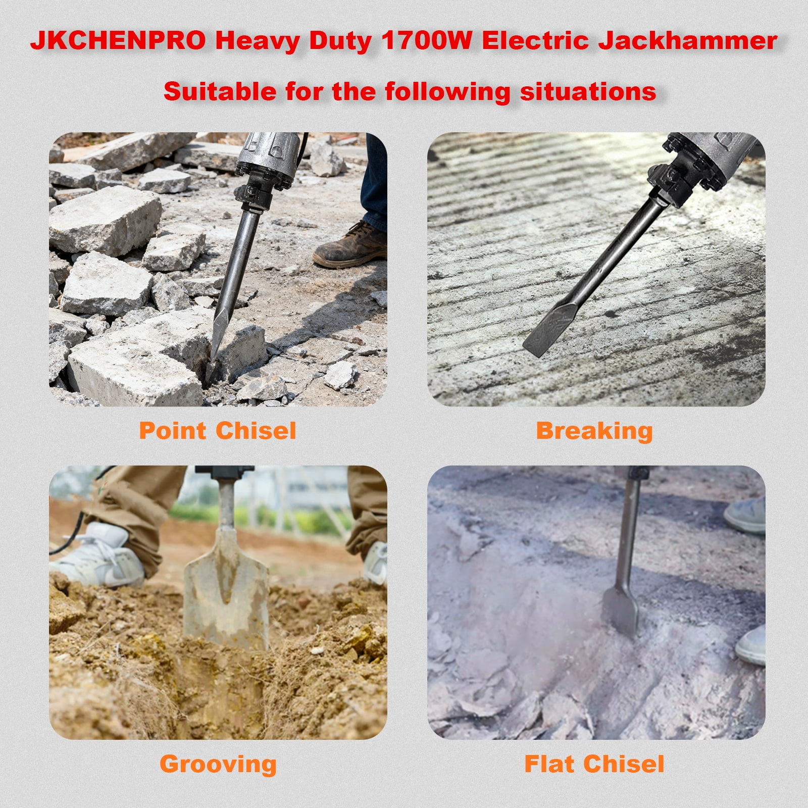 Heavy Duty Demolition Jack Hammer – Max 3500W, 1900 BPM Electric Concrete Breaker with 60J Impact Force, Includes 2 Chisels for Trenching, Breaking Holes & Construction Work