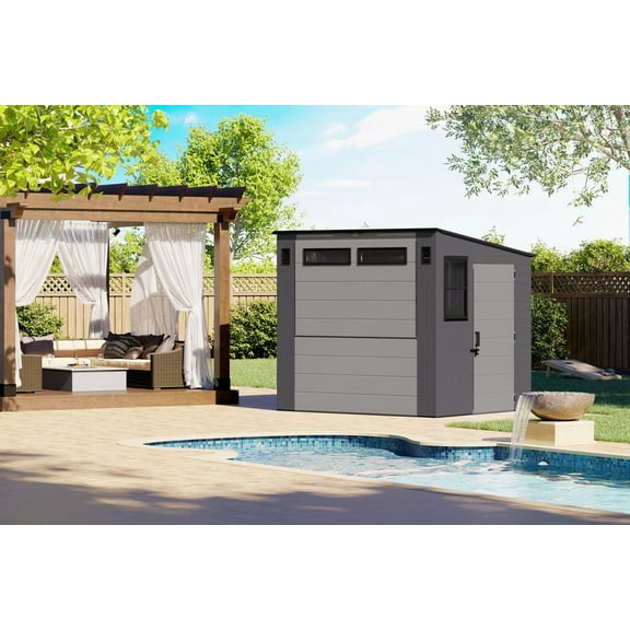 Suncast Remise de divertissement en résine 8 pi x 7 pi – Abri de rangement extérieur et bar 60 Sq ft (capacité de 362 pi³) – Gris froid / Gris colombe