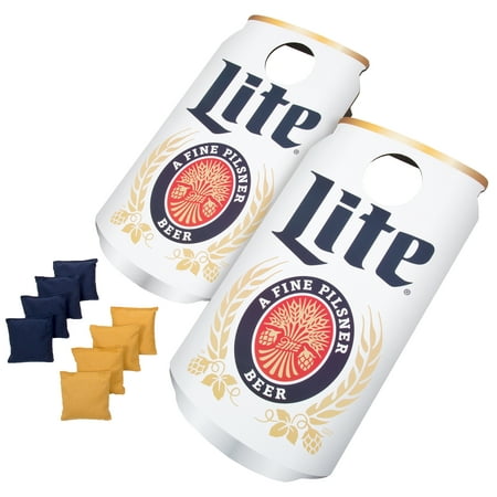 Miller Lite Cornhole Set - Bean Bag Toss Game with 2 Wooden Can-Shaped Boards and 8 Blue and Yellow Bean Bags - Backyard Games by Hey Play
