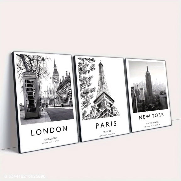 3pcs Framed Canvas Collection - London, Paris, New York Cityscape Art Prints with Eiffel Tower, Big Ben, Empire State Building, Modern Home Decor for Living Room, Bedroom, Cafe, Office, Indoor/Outdo