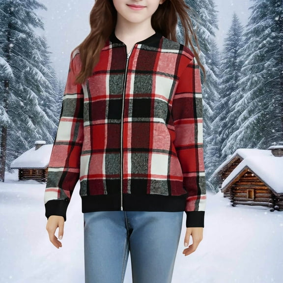 UQJfacai Girls Plaid Bomber Jacket Fall Lightweight Zip Up Shackets Winter Long Sleeve Casual Outerwear Coats with Pockets 5-15 Years