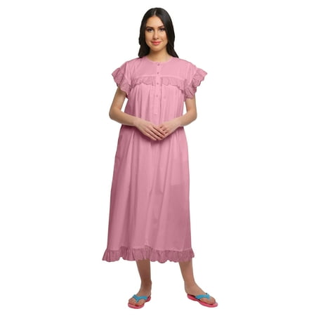 

Moomaya Solid Women s Nightdress Mid Calf Length Cotton Short Sleeve Sleepwear