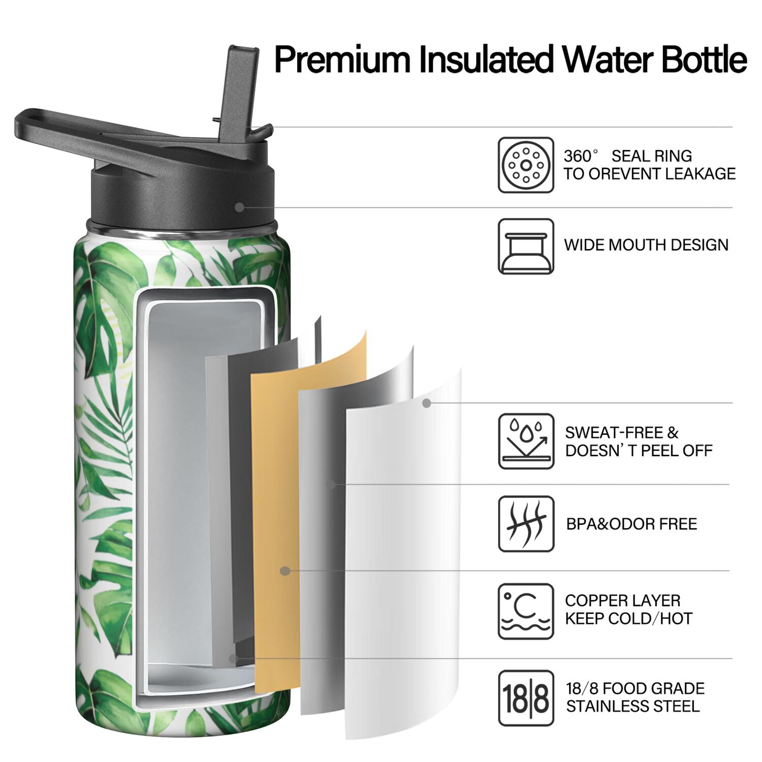 Stainless Steel 18oz Triple Insulated Plants Themed Water Bottle with Straw, Leakproof Lids for Travel, Sports, Gym Unisex Use
