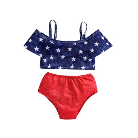 

wybzd Baby Girls Bikini Set Cute Beach Wear Stars Print Straight Neck Swimsuit Lace Stitching High Waist Toddler Swimwear Blue 3-4 Years