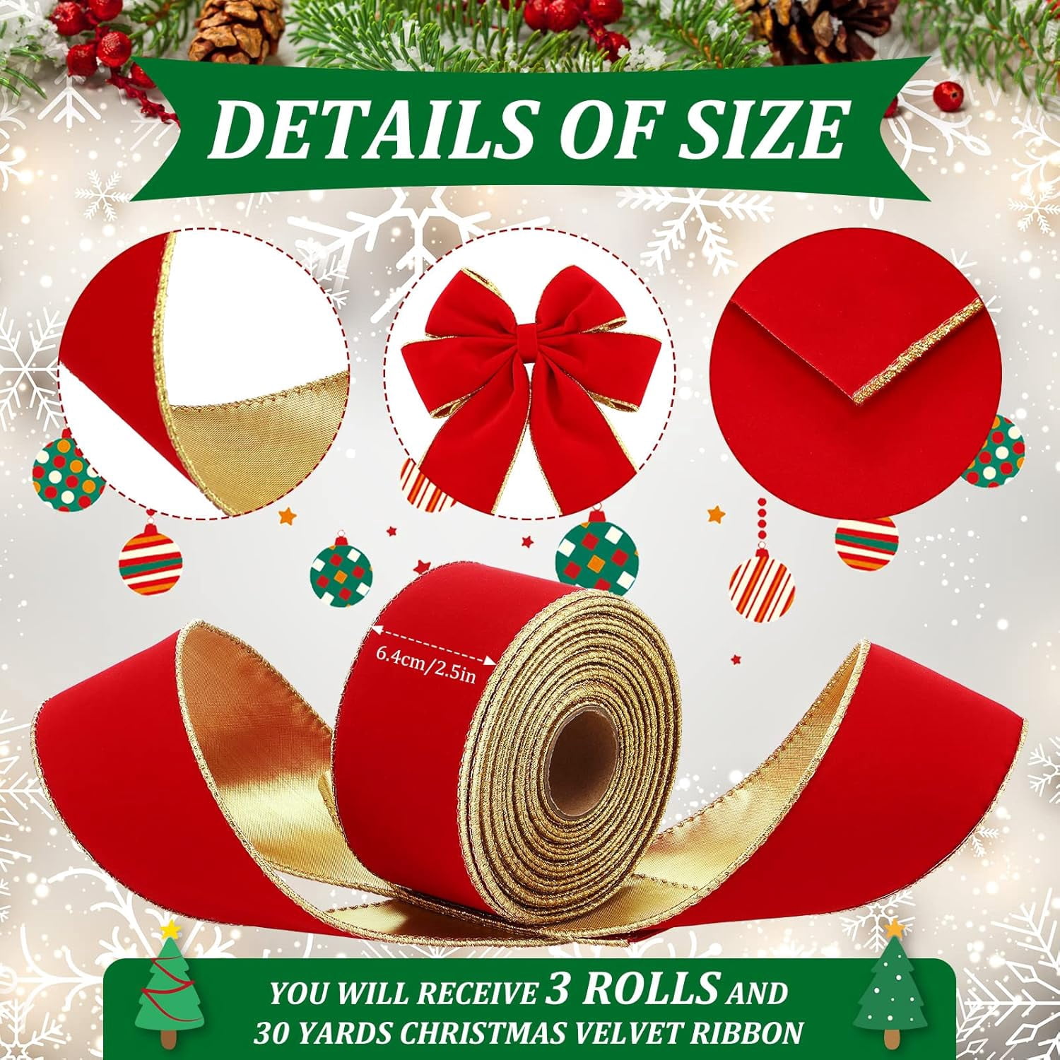 6 Rolls 30 Yards Christmas Red Velvet Ribbon with Gold Edge 2.5 Inch Wide Wired Ribbon Outdoor Ribbon Holiday Decorative Ribbon Fabric Ribbons for Xmas Tree Bow Wreath Making Gift Wrapping Craft
