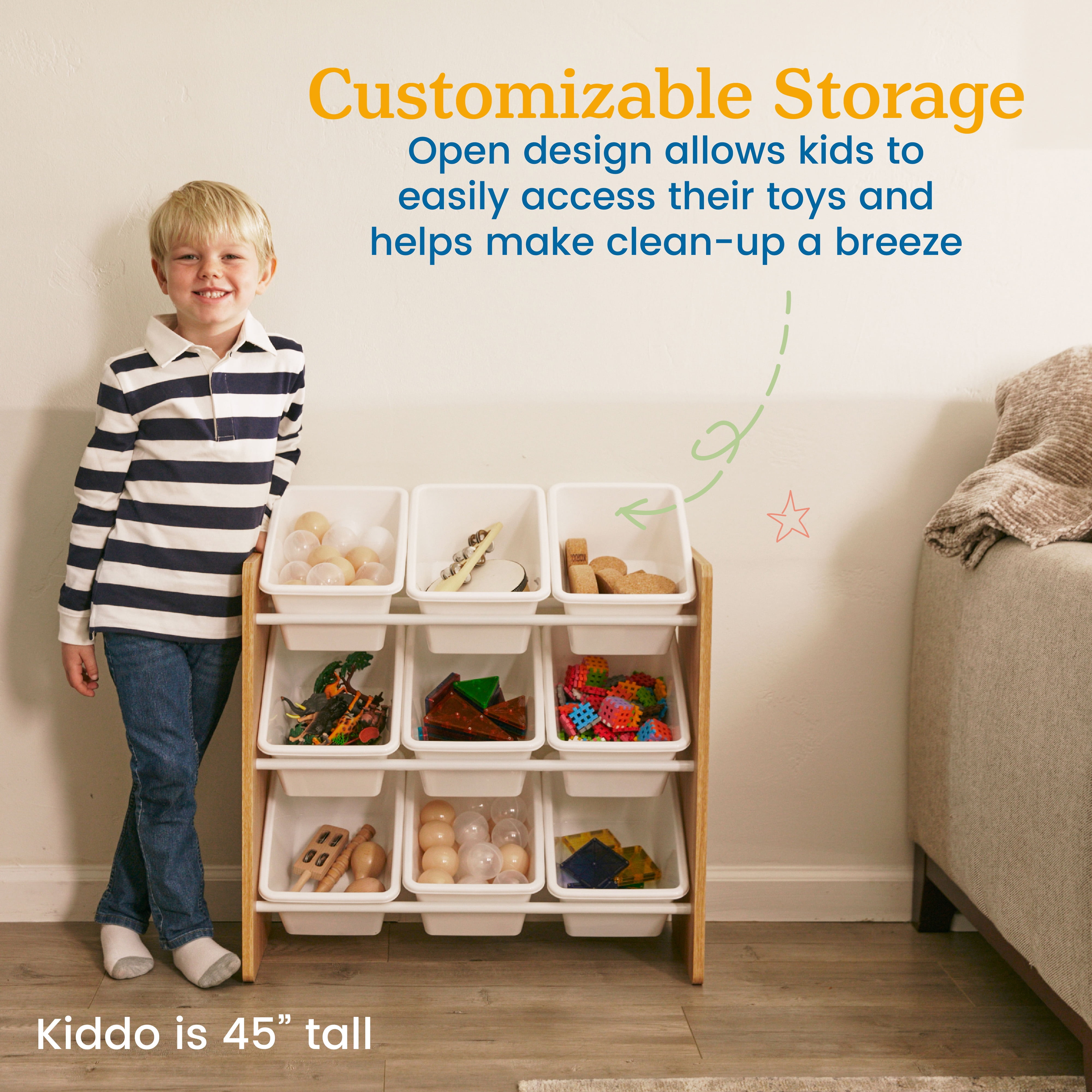 ECR4Kids 3-Tier Organizer with 9 Removable Plastic Bins, 3x3, Toy Storage, Dark Natural/White