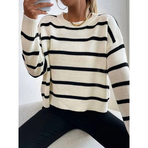 Women Striped Round Neck Dropped Shoulder Long Sleeve Casual Pullover Sweater, Autumn/Winter Knit Pullover Fall