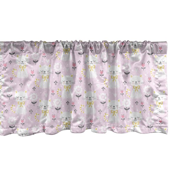 Ambesonne Kitten Window Valance, Cats with Ribbon and Flowers, 54" X 12", Mauve Pale Pink