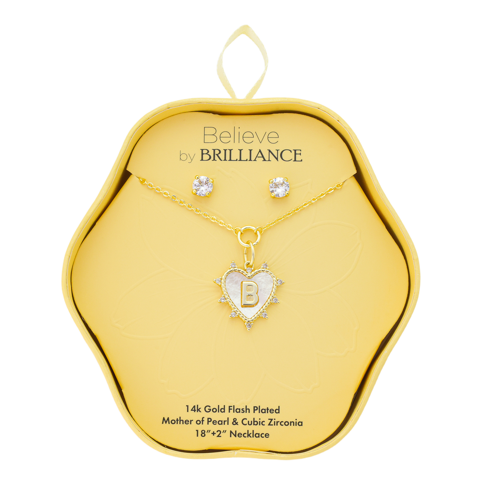 Believe by Brilliance Women's 14Kt Gold Flash Plated Mother of Pearl and Cubic Zirconia Heart "B" Necklace and Earring Set
