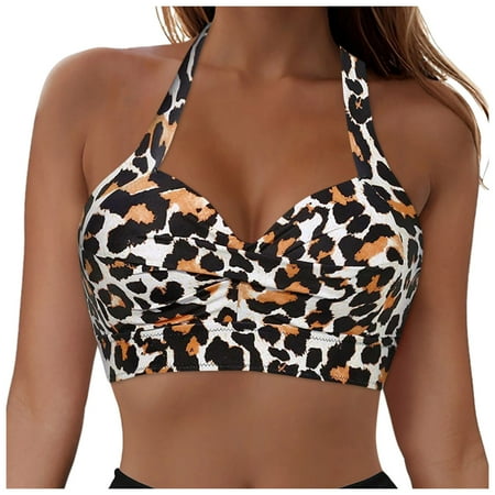 Wxirdiow Women Halter Bikini Top Push Up Swimsuit Top Retro Swim Top Twist Front Bathing Suit Top Only (Khaki  M)