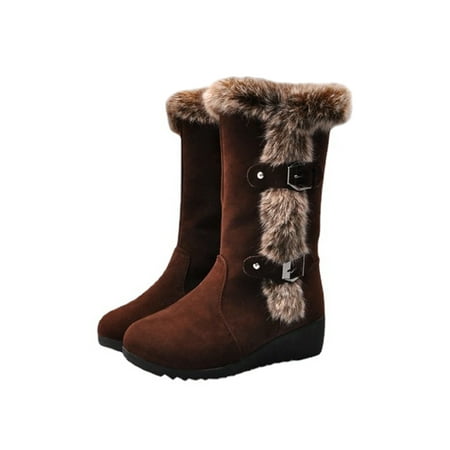 

Lacyhop Womens Comfort Shoe Wedge Snow Boots Plush Lining Mid-Calf Boot Casual Furry Warm Shoes Fashion Fuzzy Winter Fluffy Bootie Brown 5