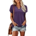 thumbnail image 2 of WREESH Women's Notch Neck Summer Blouse Petal Short Sleeve Casual Top in Solid Colors Purple, 2 of 6