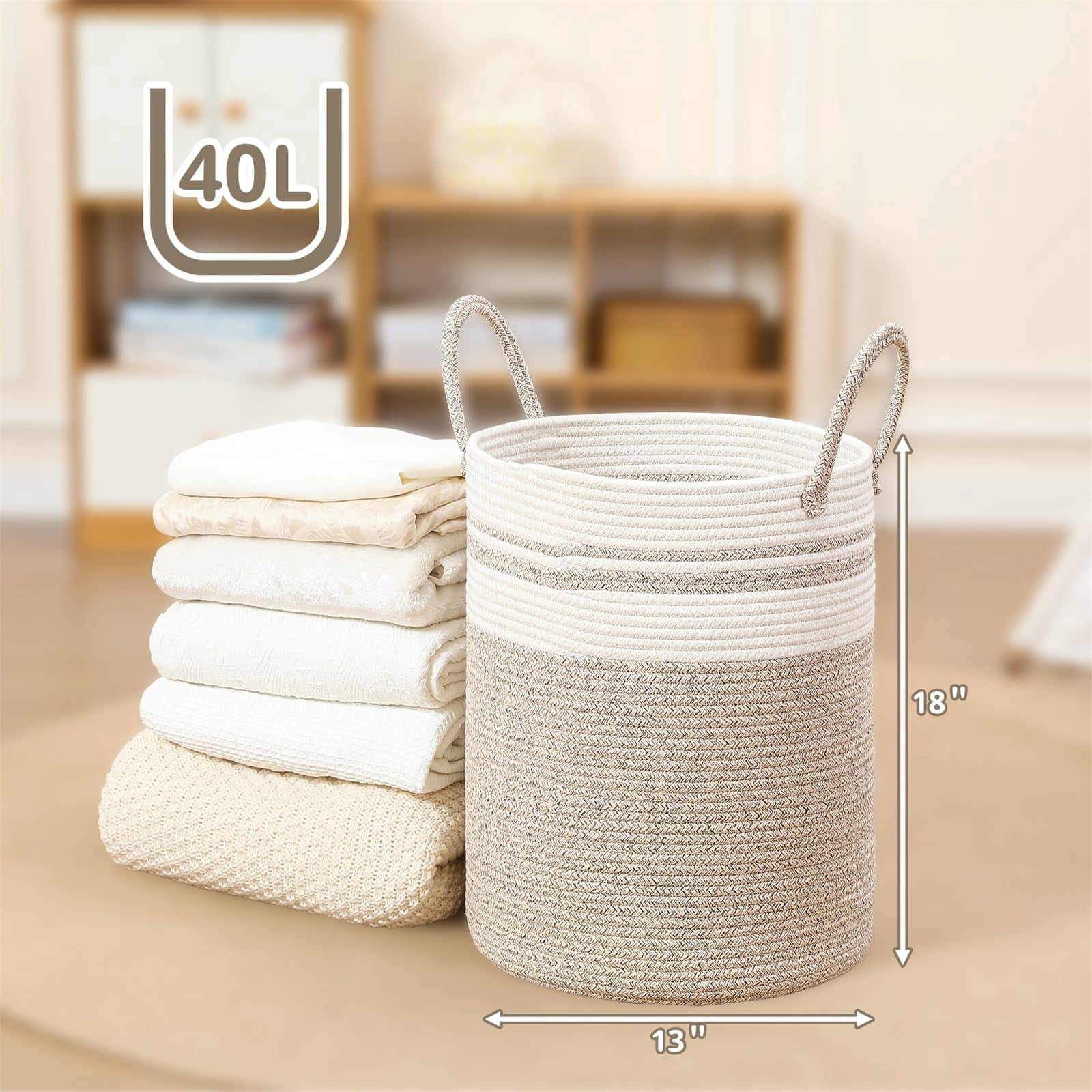 60L Large Woven Laundry Basket Hamper, 100% Natural Cotton Rope, Handwoven & Durable, Storage for Blankets, Toys, Clothes, Nursery Hamper for Living Room, Baby Room, Bedroom (Brown and White)