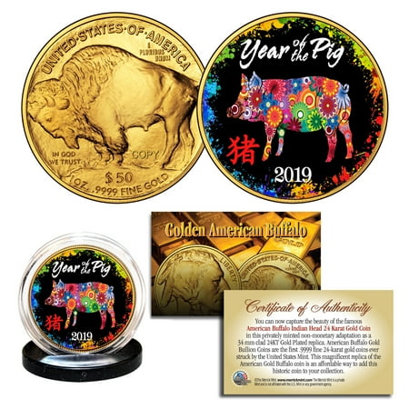 - 2019 Lunar YEAR OF THE PIG 24K Gold Clad American Buffalo Tribute Coin PolyChrom