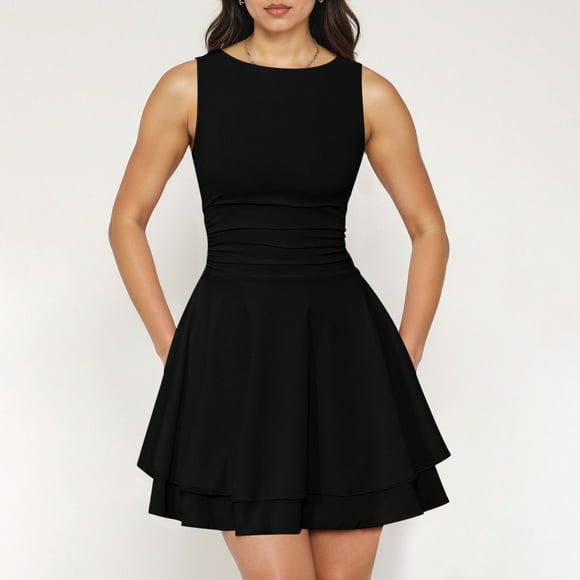 TACILIP Summer Dresses for Women, Women's Solid Ruffle Hem Neck Mini Dress Sleeveless Ruched Corset Short Party Dresses, Mini Dress