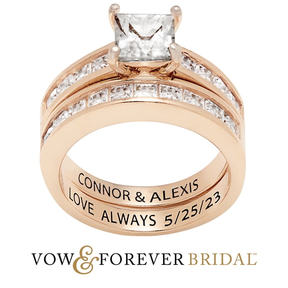 Vow & Forever Personalized Planet Bridal 14K Rose Gold over Sterling Silver Square White Topaz 2 Piece Engraved Wedding Set ,Women's