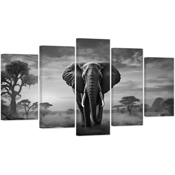 ZHONGYUTONG Black and White Animals Wall Art 5 Pieces Elephant Canvas Prints African Forest Wildlife Painting Landscape Artwork Home Decor Ready to Hang (8"x14"x2 8"x18"x2 8"x22"x1)