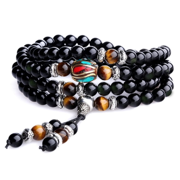 COAI Multilayer Brown Tiger's Eye and Obsidian 108 Mala Beads Meditation Bracelet Necklace