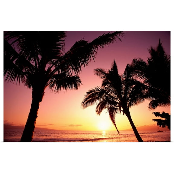 Great BIG Canvas | Rolled Carl Shaneff Poster Print entitled Hawaii, Maui, Ka'anapali, Sunset With Palms And Golden Reflections On Ocean