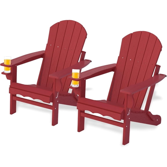 Folding Adirondack Chairs Set of 2, HDPE Fire Pit Chairs Weather Resistant, Outdoor Adirondack Chair with Cup Holder and Umbrella Hole, Wood Texture, Dark Red