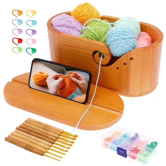 Oval Yarn Bowl with Lid Wood Crochet Yarn Holder with Double Curved Slot 9 Crochet Hook and Stitch Marker for Knitting Lover 10.8 x 5.4 x 4.8 Inch