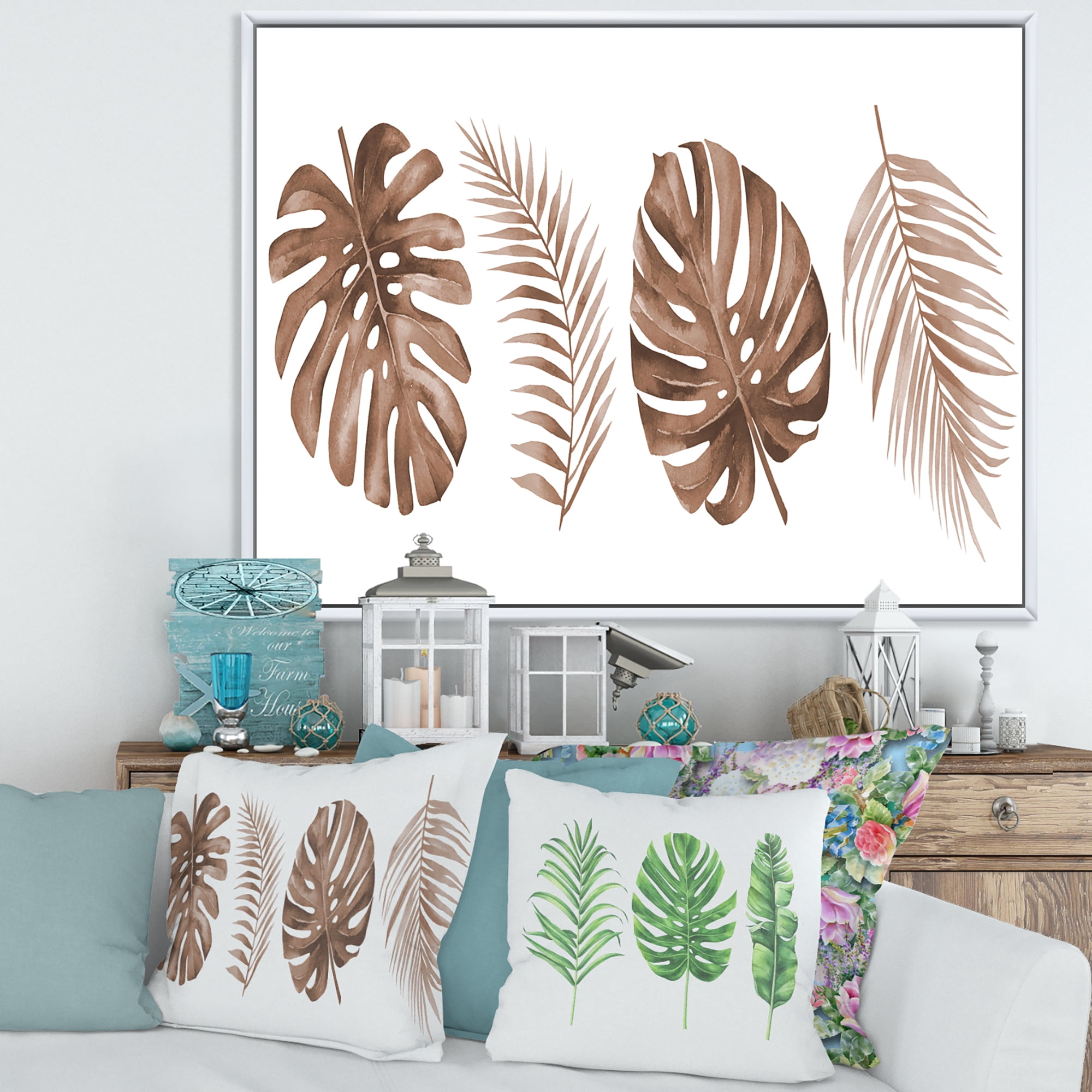 Designart 'Tropical Palm and Monstera Leaf In Terracotta' Traditional Framed Canvas Wall Art Print
