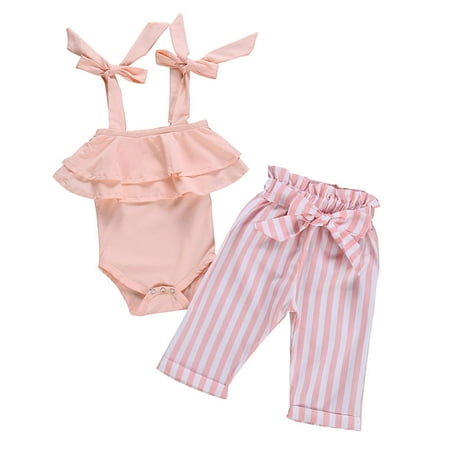 

Newborn Kids Baby Girls Outfits Off Shoulder Romper Lace Up Button Ruffle Jumpsuit and Bow Knot Belted Striped Pants Set Two Pieces Sets