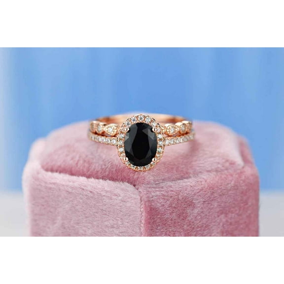Silver Dainty Natural Black Onyx Ring Set, 2Ct Oval Cut Onyx Vintage Ring Set, Size 6