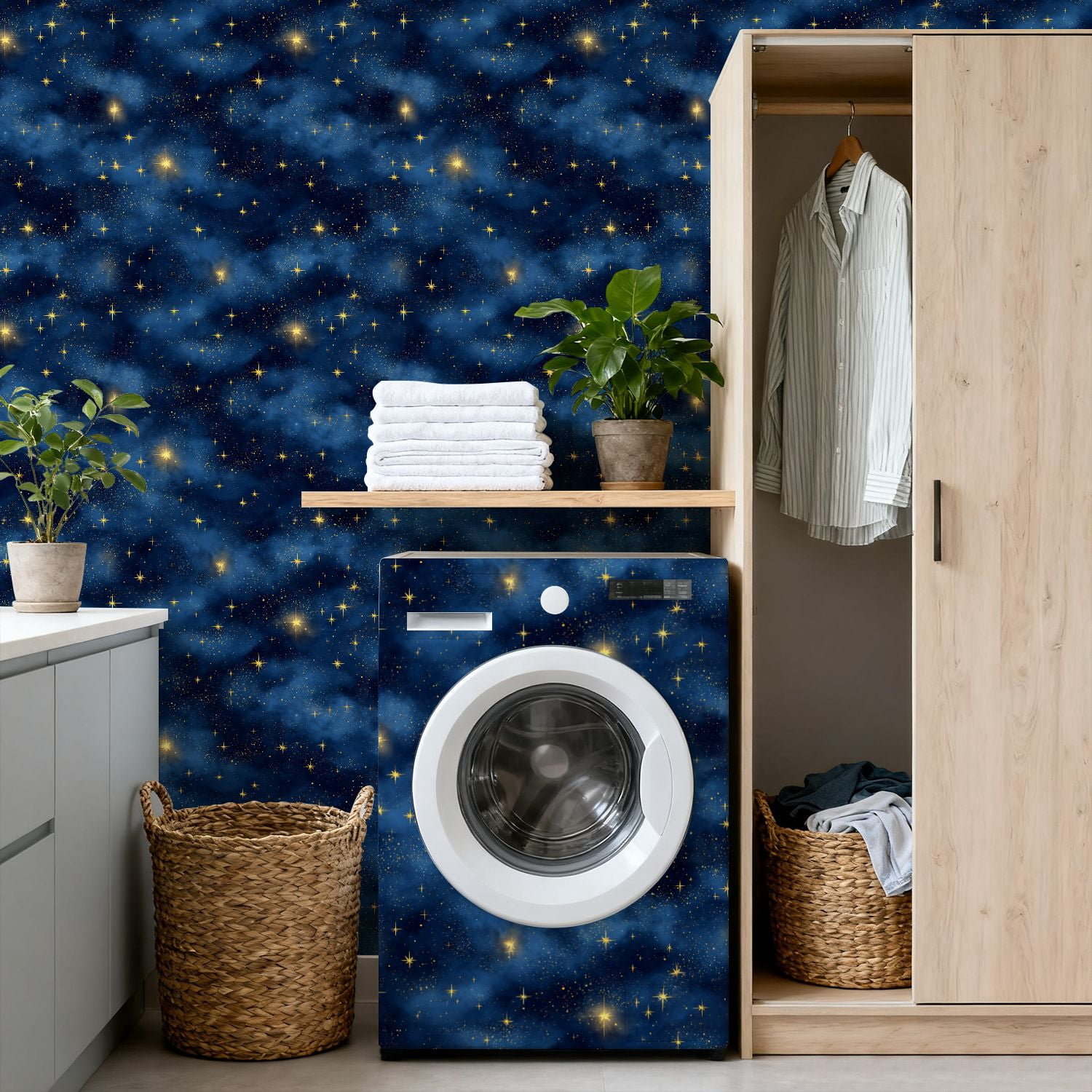 Peel and Stick Wallpaper Starry Night Sky Glowing Golden Stars Blue Nebula Clouds Wall Mural 17.7in x 9.8ft Self Adhesive Removable Wall Paper Renter Friendly Wallpaper for Nursery Bedroom