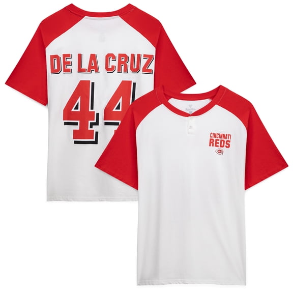 Women's Profile Elly De La Cruz White Cincinnati Reds Plus Size Name & Number Raglan Henley T-Shirt