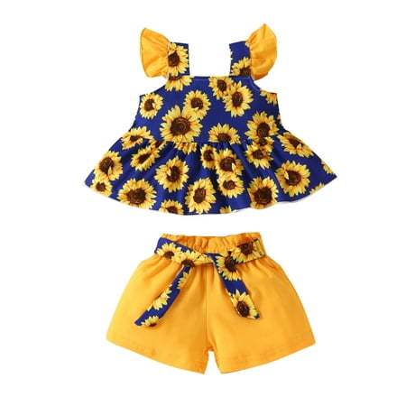 

YTIANH 4th of July Baby Boy Outfit Toddler Girls Fly Sleeve Sunflower Prints T Shirt Tops Vest Shorts Outfits (Blue 18-24 Months）