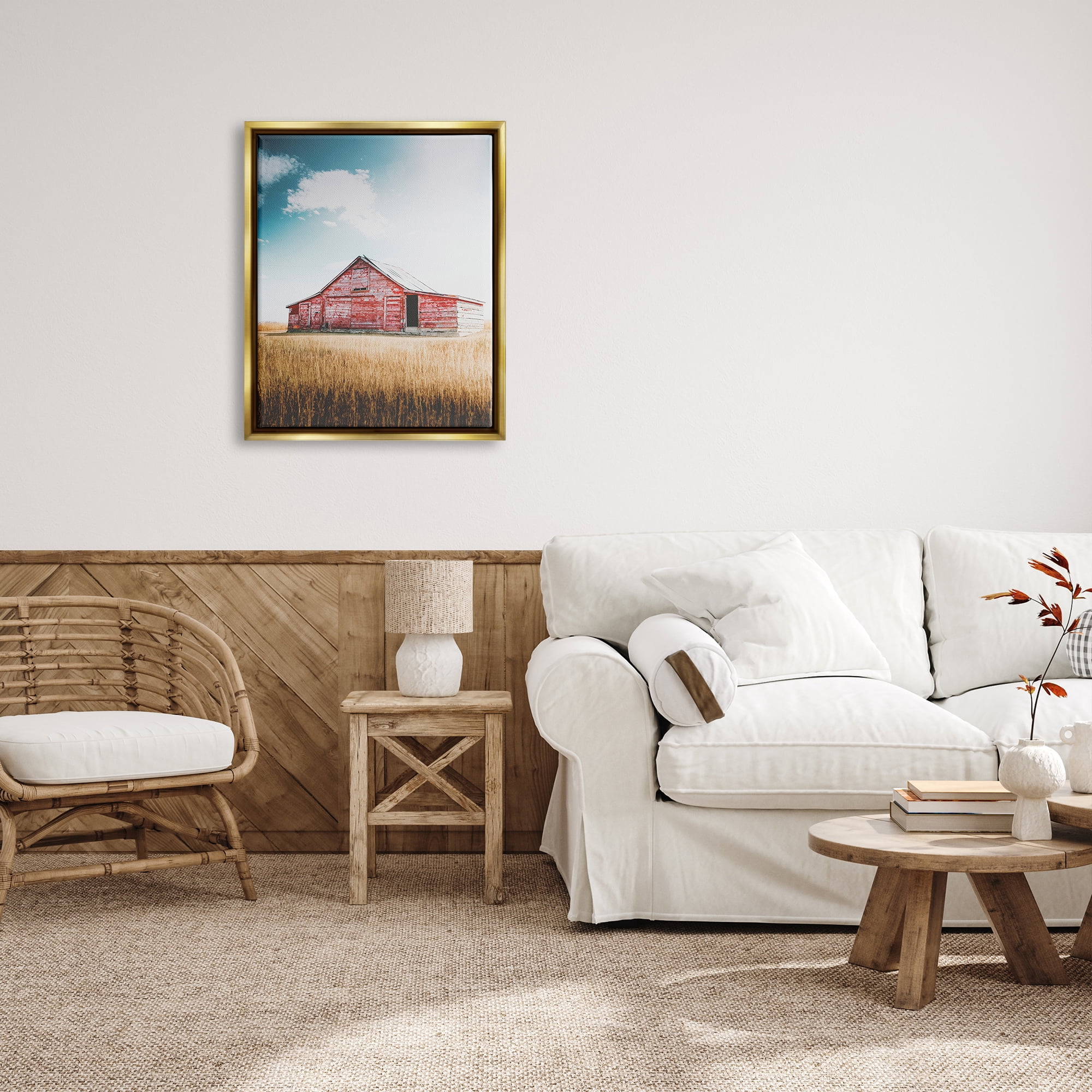 Stupell Industries Red Barn in Countryside Nature Photography Gold Floater Framed Art Print Wall Art, 25 x 31