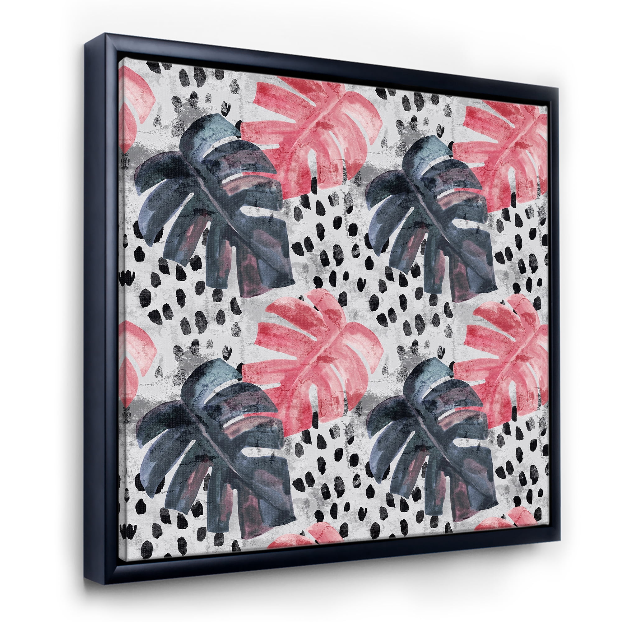 Designart 'Black and Red Monstera On Rough Brush Strokes I' Tropical Framed Canvas Wall Art Print