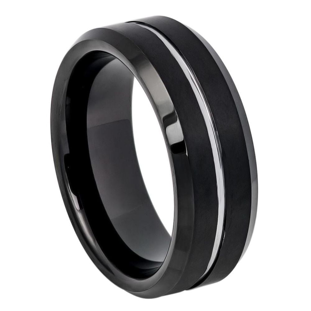 Two-Tone Stainless Steel 8mm Black Center Groove Step Edge Band Ring 