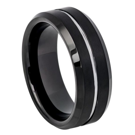 Custom Personalized Engraving Wedding Band Ring Set for Him & Her - 8mm Two-tone Black IP Brushed with Steel Color Grooved Center Beveled Edge