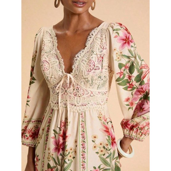 Multicolor 2 Floral Lace Patchwork V-Neck Long Sleeve Boho Maxi Dress
