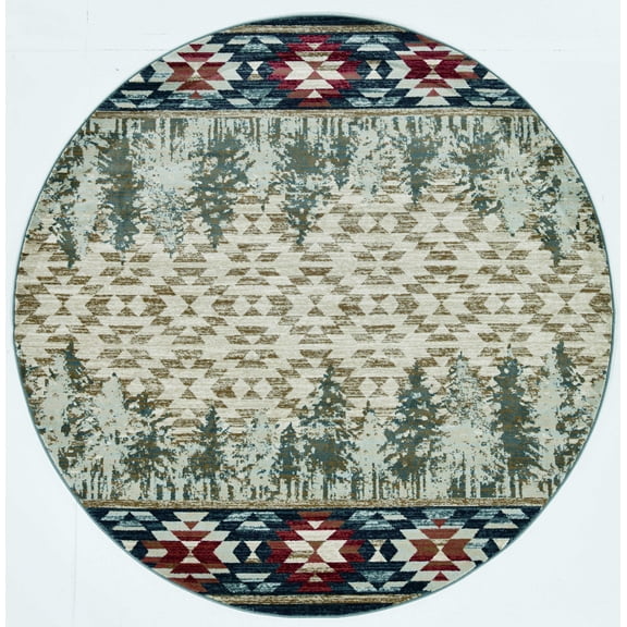 8' Ivory Machine Woven Pinegrove Lodge Round Indoor Area Rug