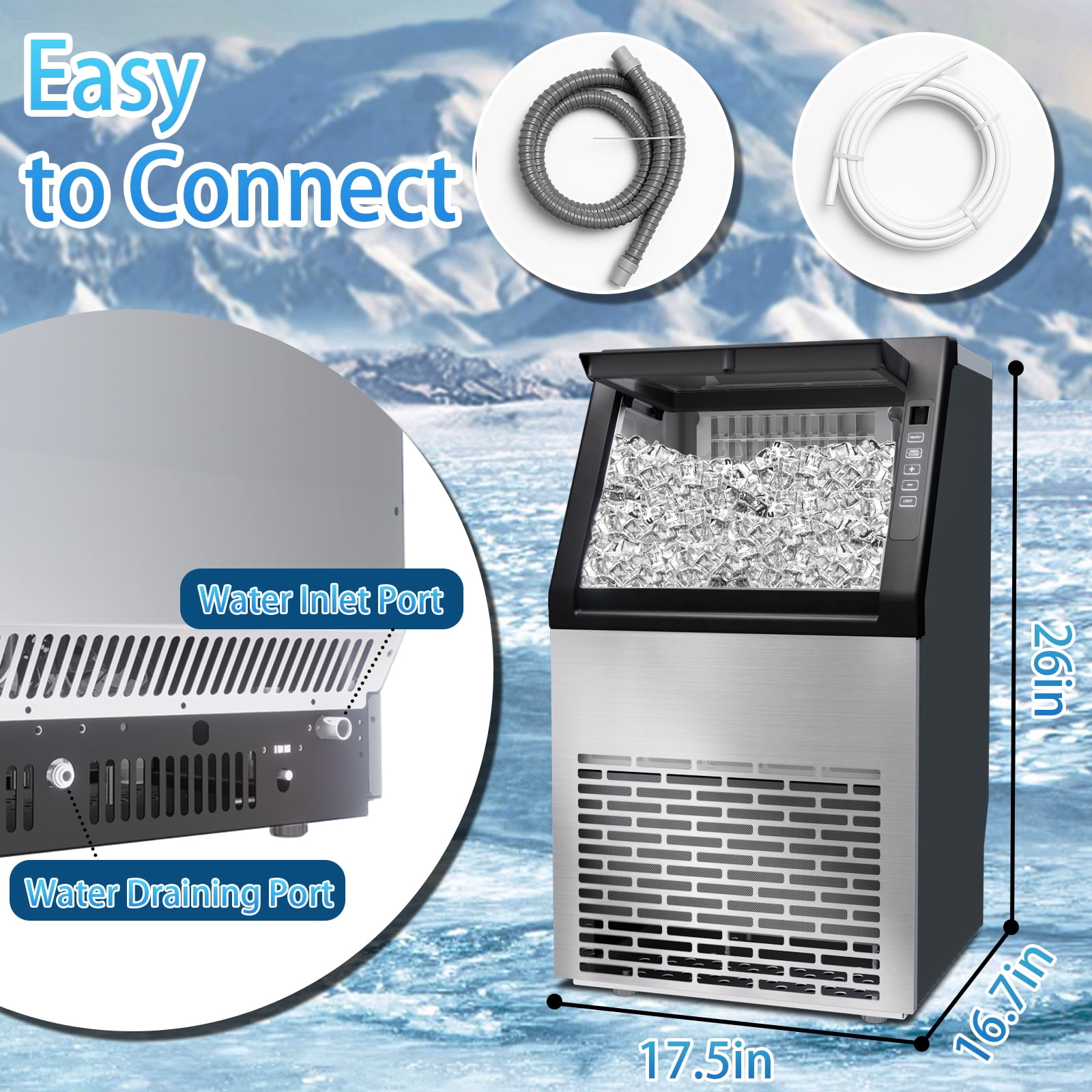 Dimedeal Commercial Ice Maker, 99lbs/24H, Auto Cleaning, Stainless Steel, Freestanding Ice Machine for Home/Bar/Restaurant