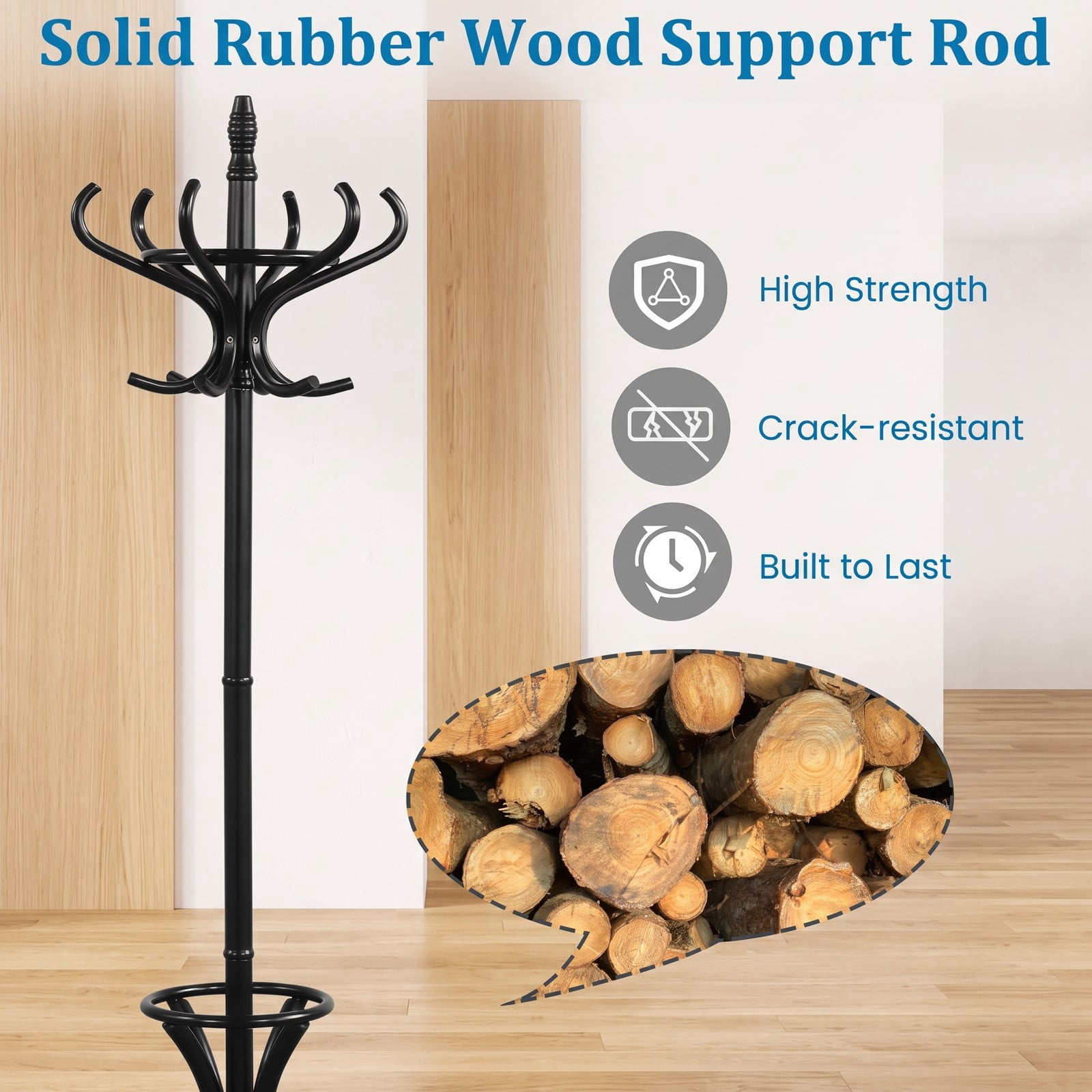 Furnibear Freestanding Wood Coat and Hat Rack Stand with Umbrella Stand Rotating Top and 12 Hooks for Entryway and Hallway, Black