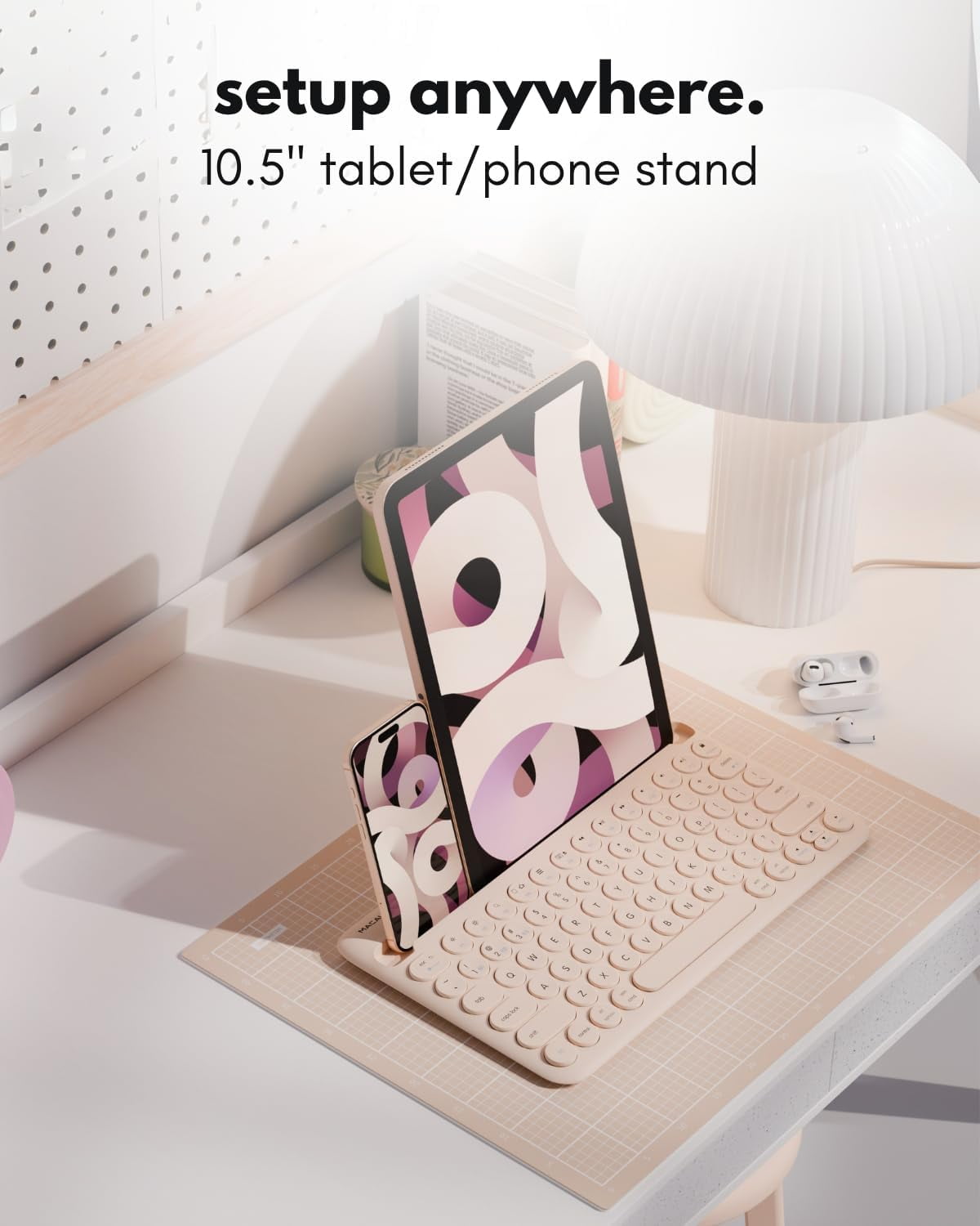 Macally Bluetooth Wireless Keyboard for Tablet (Multi-Device, Built-In Stand, Portable, Rechargeable) - Boba Brown