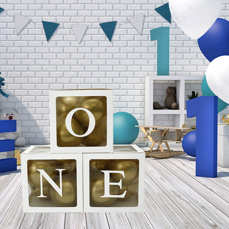 First Birthday Balloon 'ONE' Boxes for Baby Boy WITH 24 Balloons Baby 1st  Birthday Boy Decorations Clear Cube Blocks 'ONE' Letters 
