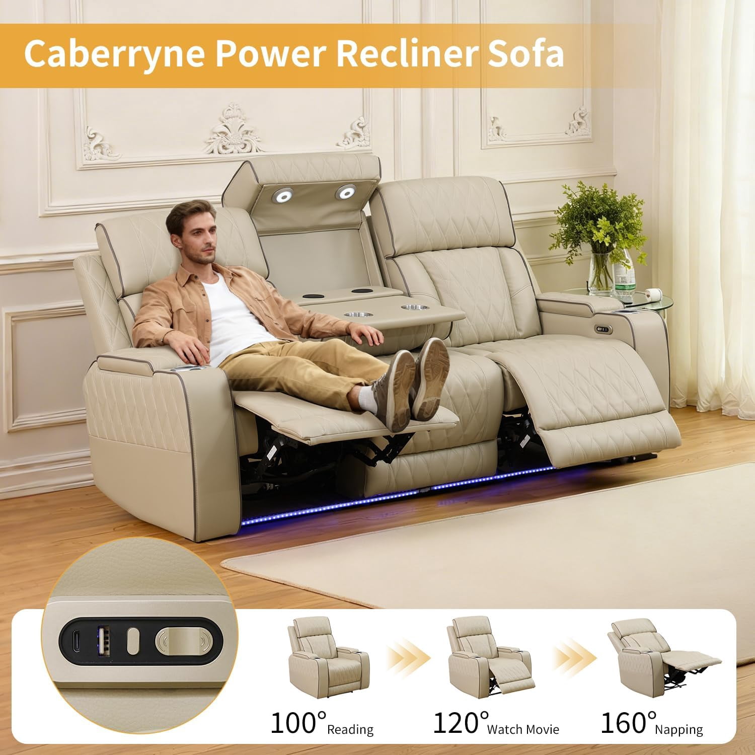 Gewnee Power Recliner Sofa Set with LED,Wireless Charging, Air Leather Living Room Furniture, Reclining Leather Sofa with Usb Ports/Cup Holders/Armrest Storage