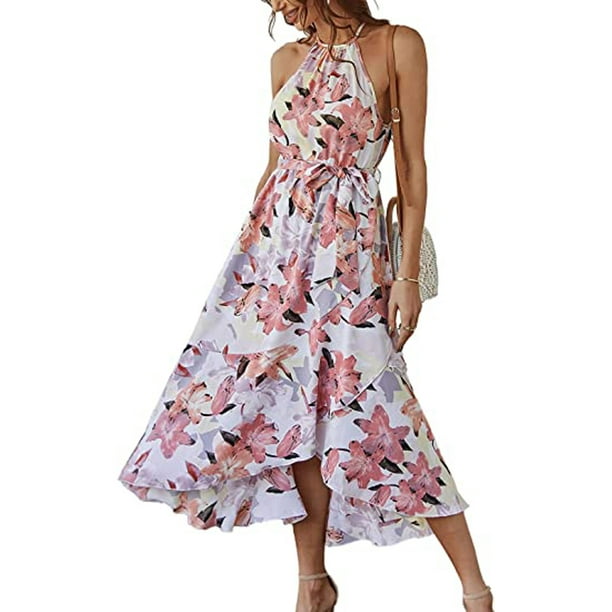 Txlixc Vestido de playa con estampado floral para mujer, estilo bohemio, sin mangas, cuello halter, volantes, cinturón ajustable, vestido de línea A Txlixc Casual