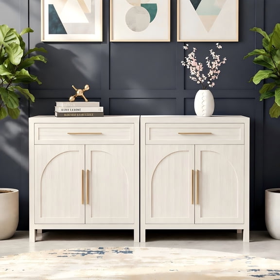 WACASA Modern Storage Cabinet Set of 2, Sideboard Buffet Cabinet with 2 Doors & 1 Drawer, Kitchen Cabinets with Adjustable Shelves for Kitchen Living Dining room, White