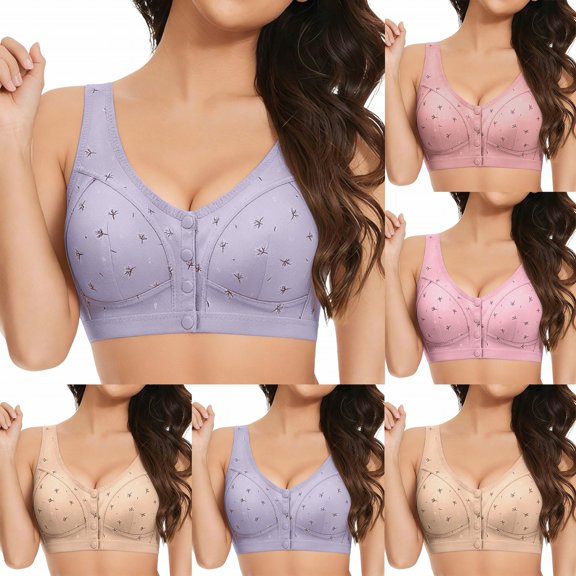 IQOGKRN Women Wireless Front Button Comfort Bra for Elderly Mature Ladies Printed Breathable Wirefree Brassiere Wide Vest Strap Anti-Sagging Support Lingerie Beige 36