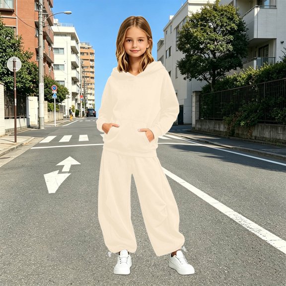 Angala 2 Piece Outfits For Girls Long Sleeve Cozy Hooded Sweatshirt With High Wwaist Pants With Back Pocket Set Girls Fall Season Wear Clothes