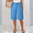thumbnail image 2 of Women Lightweigh Shorts Drawstring Pull-on Wide Leg Straight Casual Short Pants Bermuda Shorts For Women Knee Length Wide Leg Summer Short Summer Beach Vacation Outfit Blue S, 2 of 7
