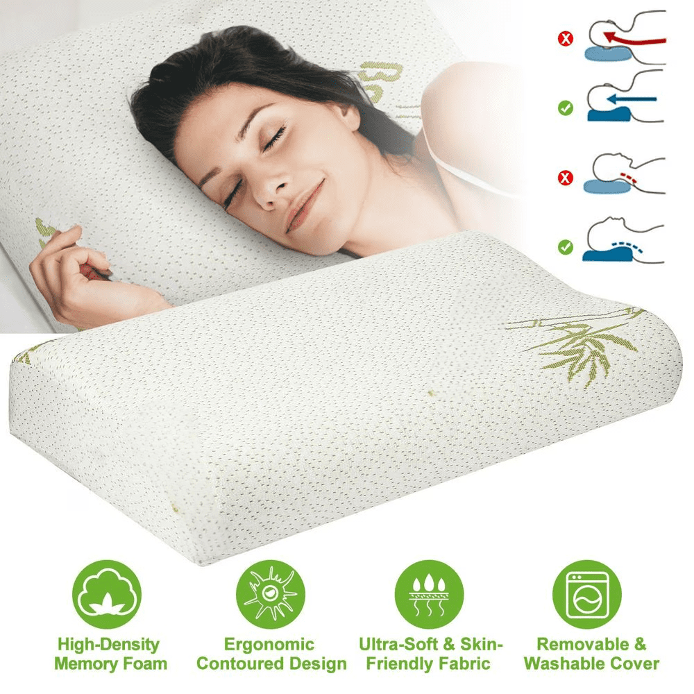 Bamboo Memory Foam Cervical Pillow Orthopedic Contoured Neck Support Pillow Breathable Washable Cover for Back & Side Sleepers